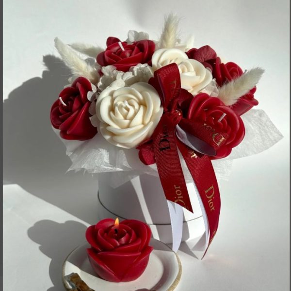 Luxury Red & Ivory Rose Candle Box Bouquet