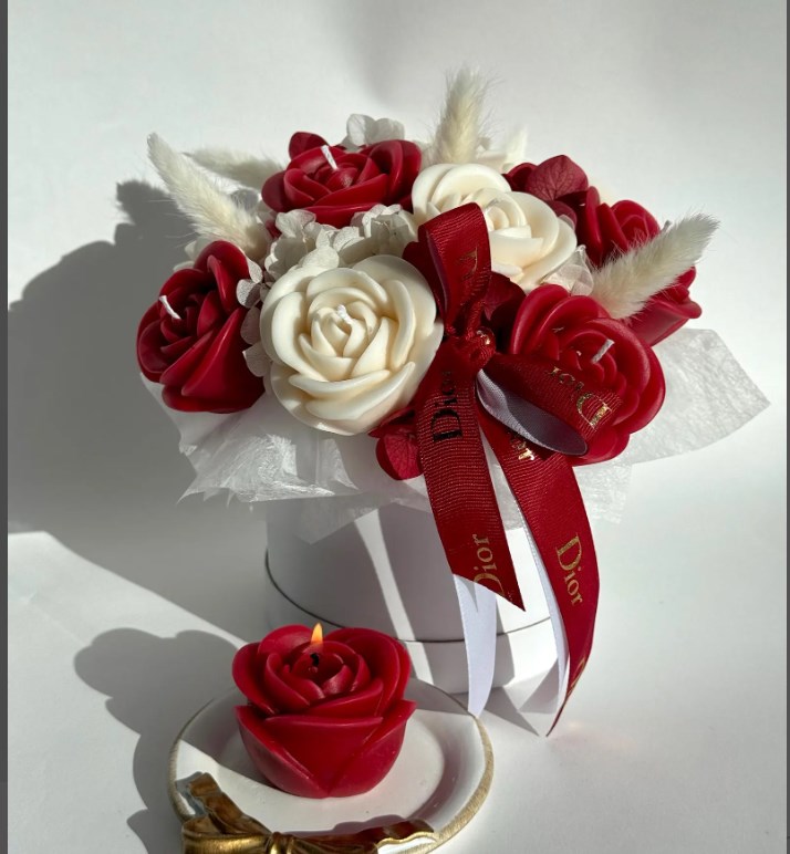 Luxury Red & Ivory Rose Candle Box Bouquet