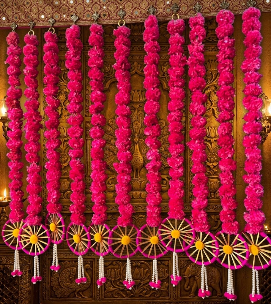 Pink Floral Marigold & Chakra Hanging Garland Set (Set of 2/Pair)