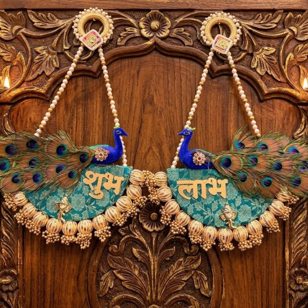 Handcrafted Peacock Shubh Labh Door Hanging Set (Pair)