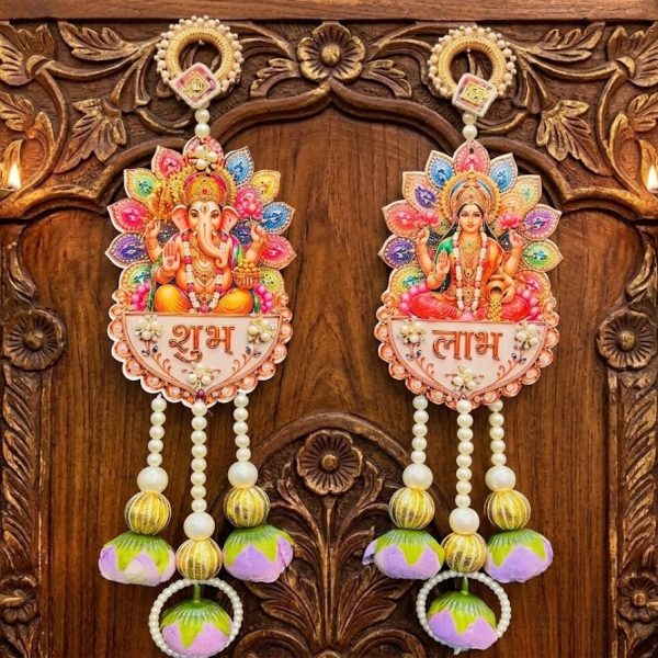 Handcrafted Lord Ganesha & Goddess Lakshmi Shubh Labh Door Hanging Set (Pair)