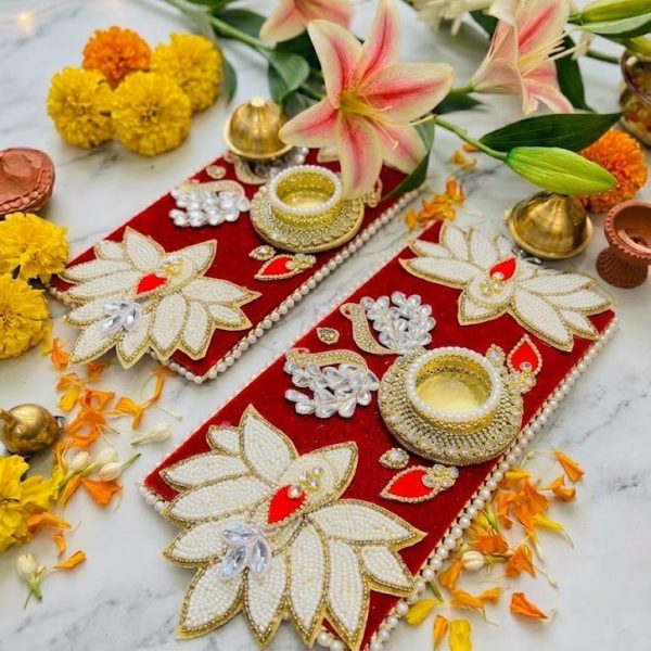 Royal Red Velvet & Pearl Lotus Tea Light Base Pair