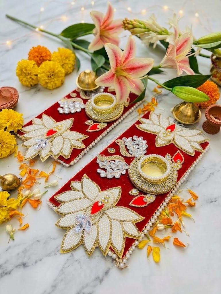 Royal Red Velvet & Pearl Lotus Tea Light Base Pair