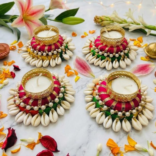 Handcrafted Cowrie Shell & Pearl Silk Thread Diya Set (Set of 4)