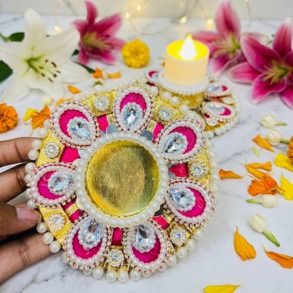 Pink Kundan & Pearl Embellished Diya Holder Pair