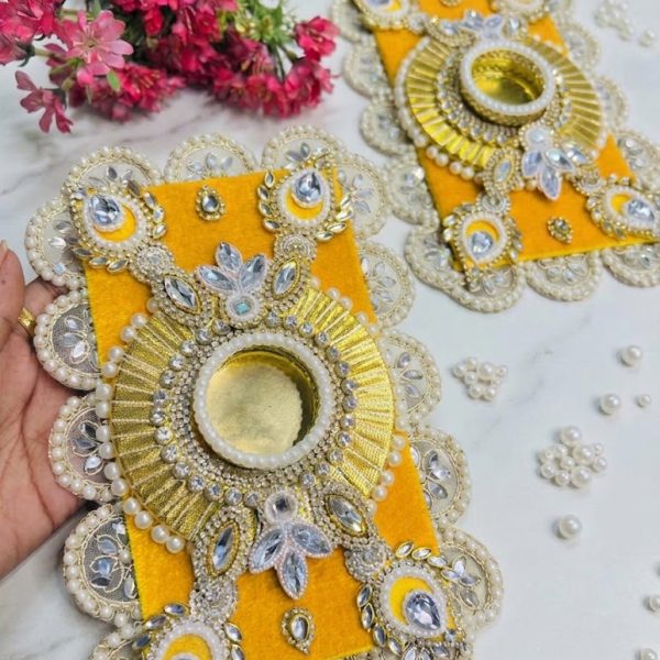 Sunburst Yellow Velvet & Pearl Tea Light Holder Pair