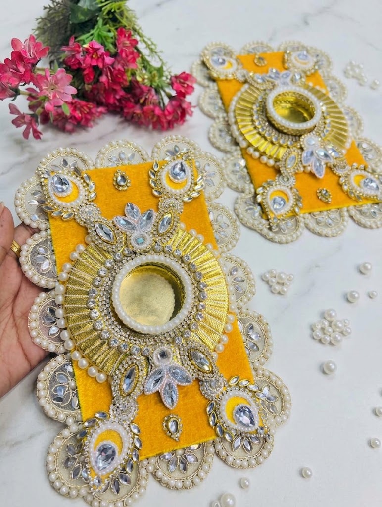 Sunburst Yellow Velvet & Pearl Tea Light Holder Pair
