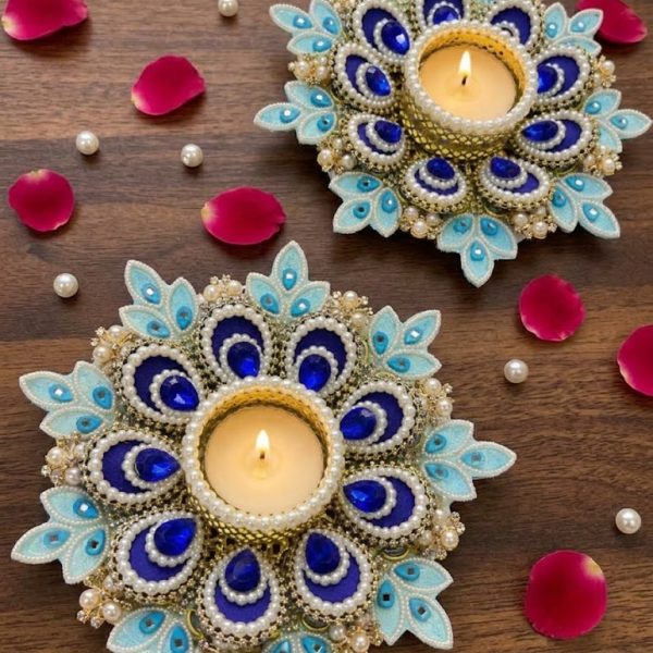 Royal Peacock Blue & Pearl Starburst Diya Pair