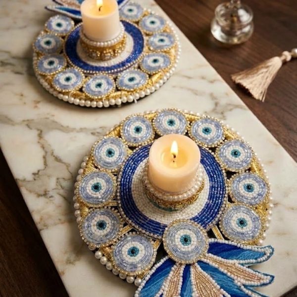 Evil Eye Beaded Candle Holder Pair