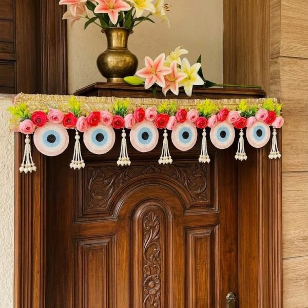 Pink Floral & Beaded Evil Eye Side Toran