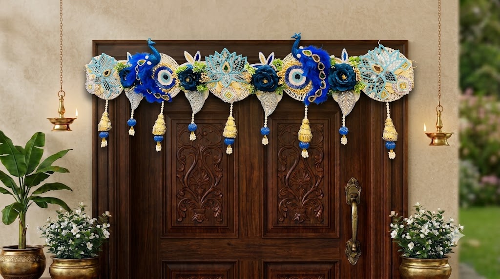Royal Peacock Blue & Mirror-Work Door Toran Garland
