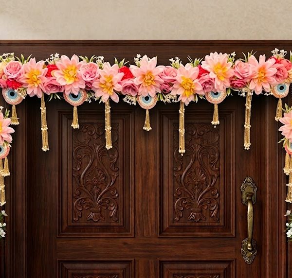 Handcrafted Pink Dahlia & Evil Eye Toran Set