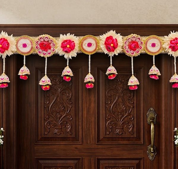 Handcrafted Cream & Hot Pink Evil Eye Toran