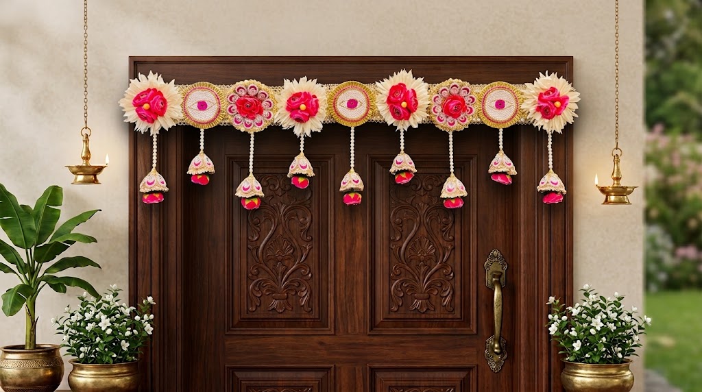 Handcrafted Cream & Hot Pink Evil Eye Toran