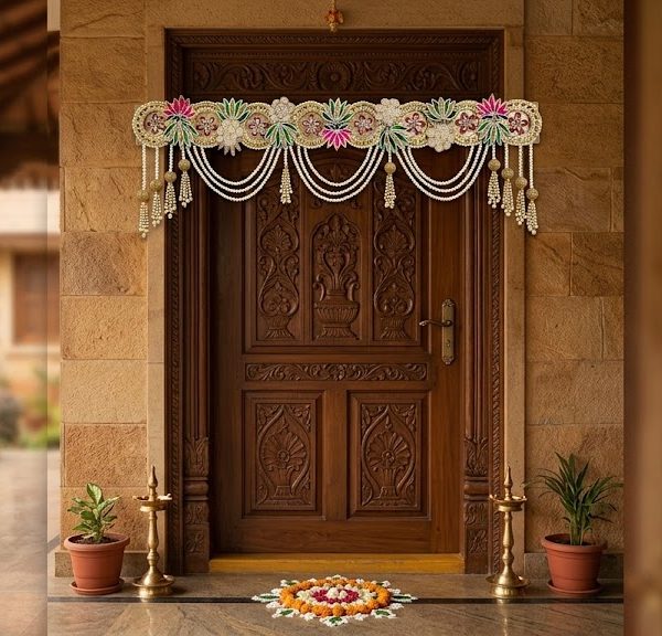 Handcrafted Royal Lotus & Floral Embroidered Door Toran with Multi-Layered Pearl Garlands