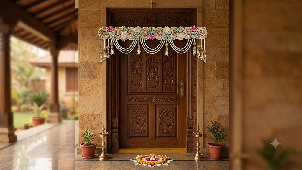 Handcrafted Royal Lotus & Floral Embroidered Door Toran with Multi-Layered Pearl Garlands