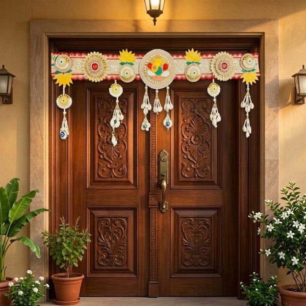 Handcrafted Lord Ganesha & Evil Eye Door Toran with Cowrie Shells & Pearls