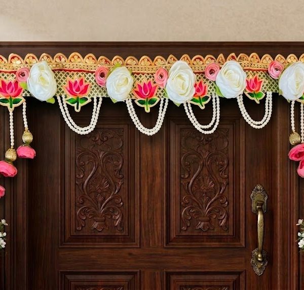Handcrafted Floral White Rose & Pink Lotus Door Toran with Pearl Drapes