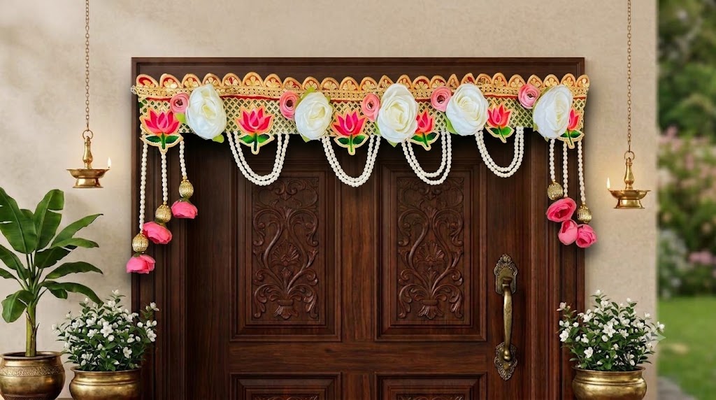 Handcrafted Floral White Rose & Pink Lotus Door Toran with Pearl Drapes